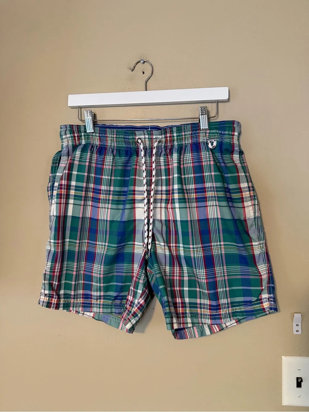 Lands' End Men’s Green Plaid Swim Trunks with Blue and White Accents